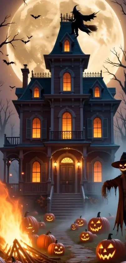 Spooky Halloween mansion with pumpkins under a full moon.
