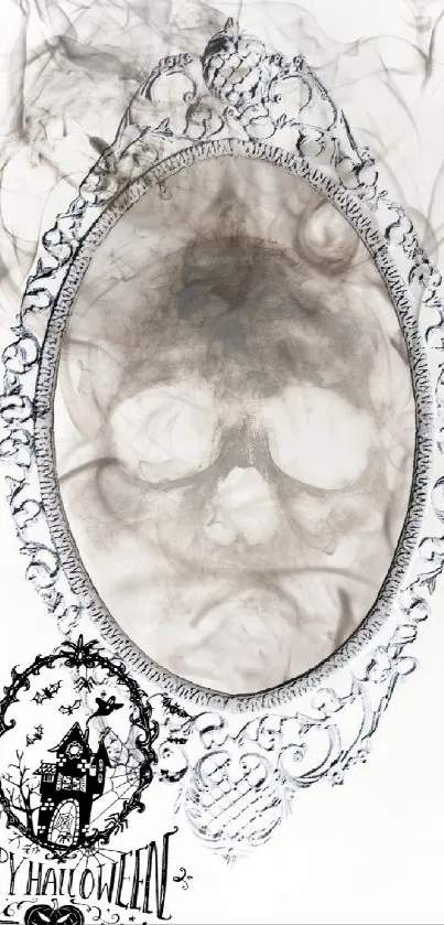 Spooky Halloween mirror with smoky skull reflection.