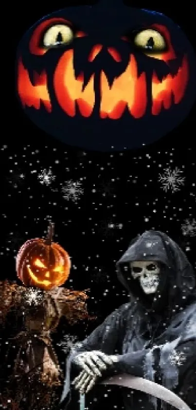 Spooky Halloween themed mobile wallpaper with grim reaper and pumpkins.