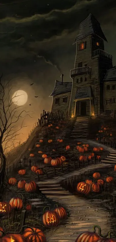 Spooky Halloween wallpaper with haunted house and pumpkins.