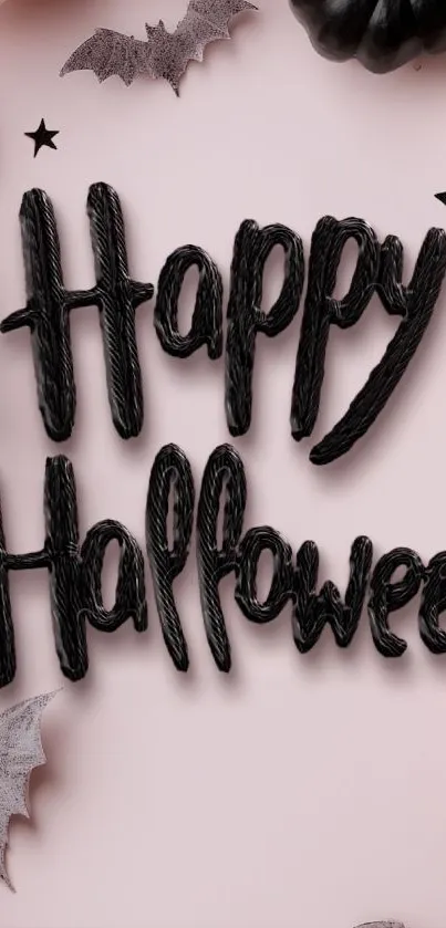 Happy Halloween text with bats on pink backdrop.