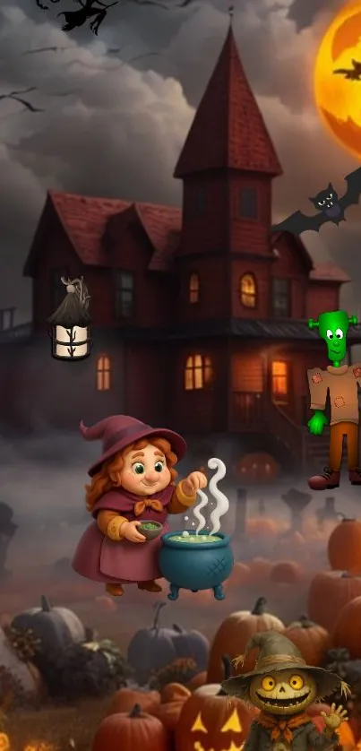 Whimsical Halloween scene with haunted house and pumpkins.