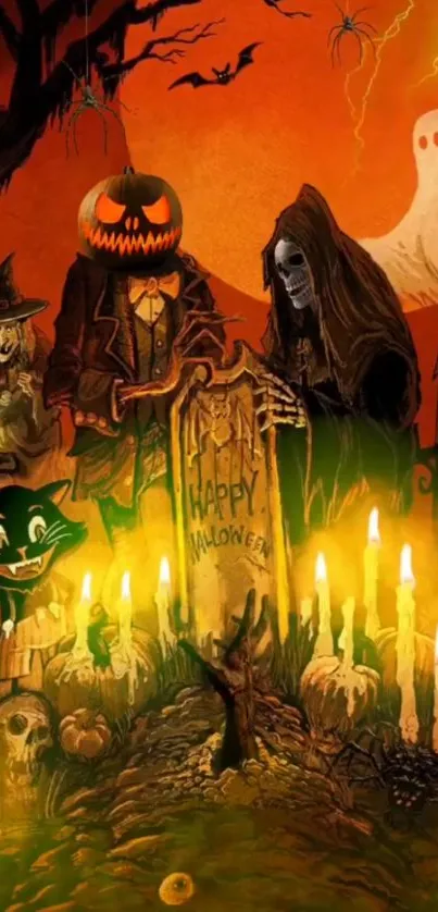 Spooky Halloween scene with pumpkins, ghosts, and glowing candles.