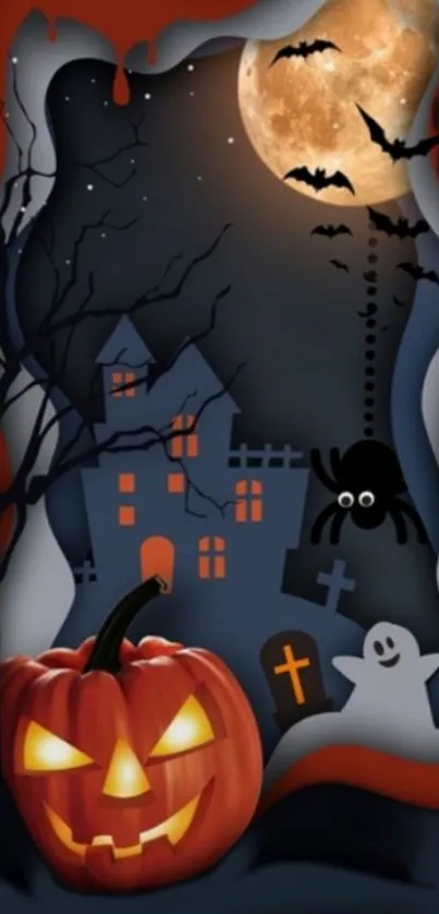 Spooky Halloween wallpaper with pumpkin, haunted house, and full moon.