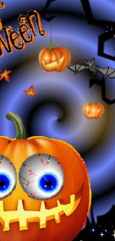 Halloween wallpaper with pumpkins and skeletons on a dark blue background.