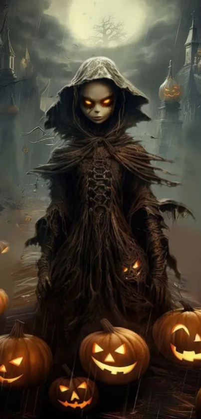 Spooky Halloween scene with pumpkins and a hooded figure.