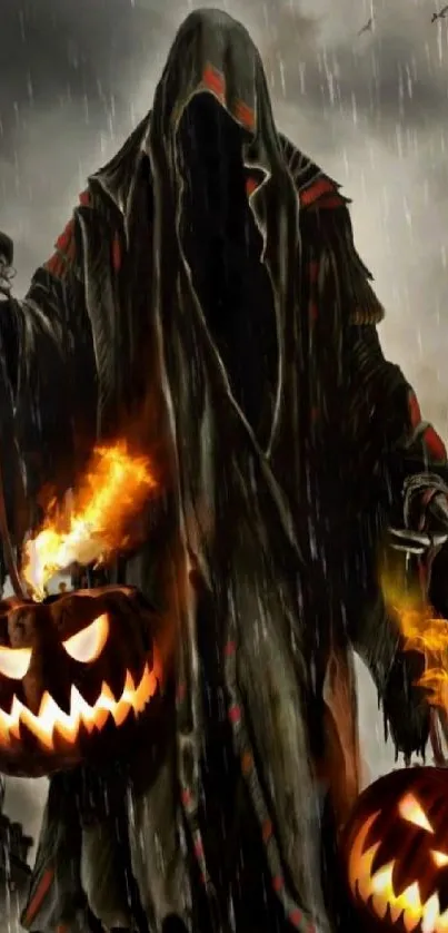 Cloaked figure with fiery pumpkins on a dark rainy Halloween night.