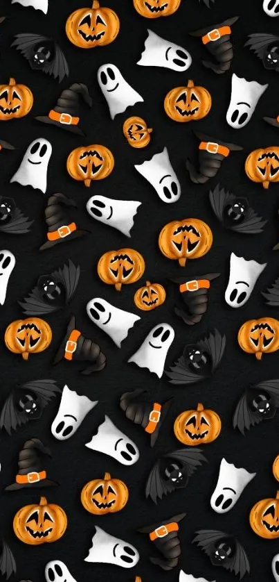 Spooky mobile wallpaper with ghosts, pumpkins, and bats on a black background.