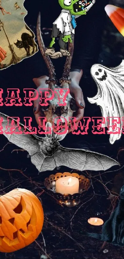 Spooky Halloween wallpaper with pumpkins and candles.