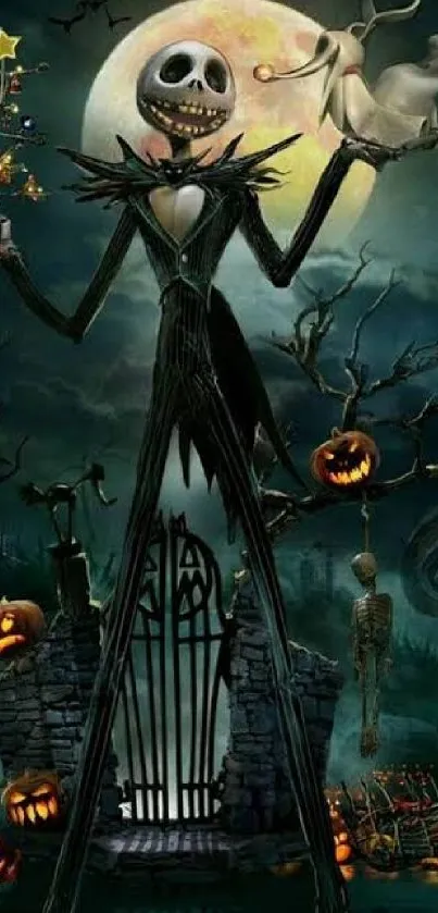 Eerie Halloween scene with skeleton and pumpkins in moonlit background.