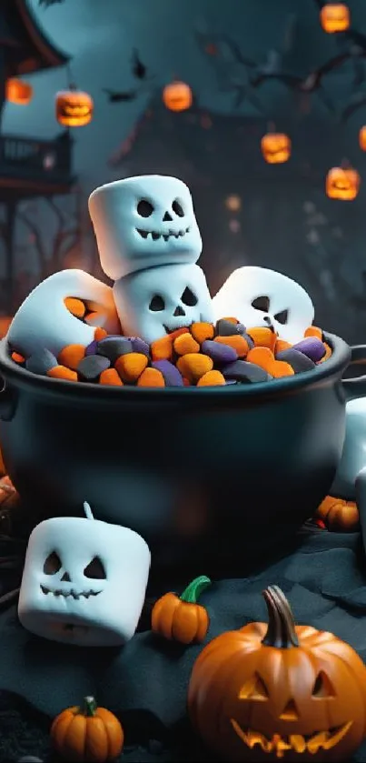 Spooky Halloween wallpaper with pumpkins and ghostly marshmallows.