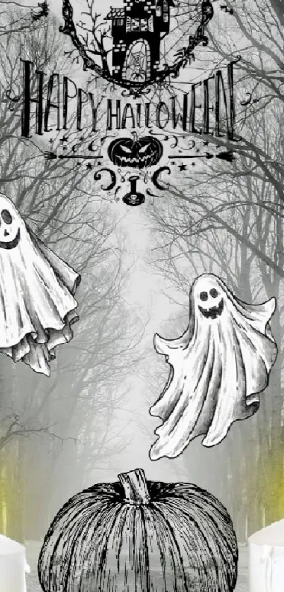 Grayscale Halloween wallpaper with ghosts and pumpkin.