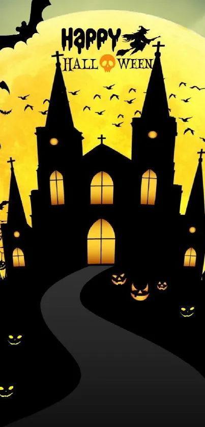 Spooky Halloween wallpaper with haunted castle and glowing pumpkins.