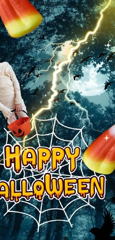 Spooky mummy with candy corn and trees on Halloween wallpaper.