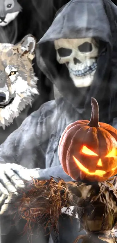 Spooky Halloween wallpaper with grim reaper, pumpkin, and wolf.