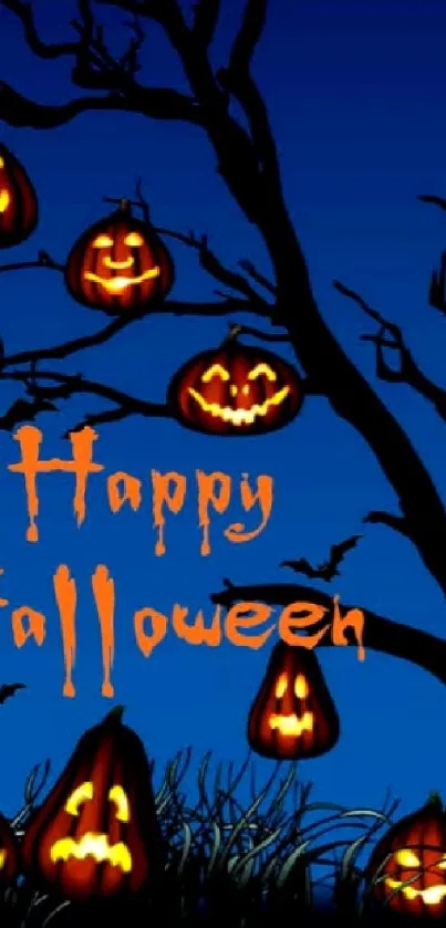 Halloween mobile wallpaper with pumpkins and spooky tree.