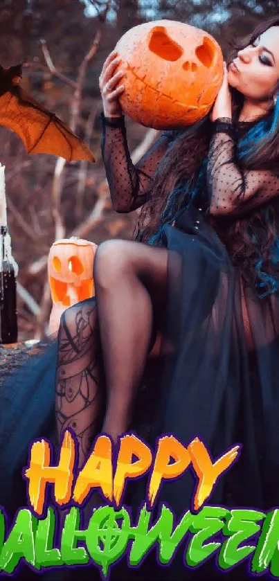 Halloween wallpaper with witch holding a pumpkin and gothic elements.