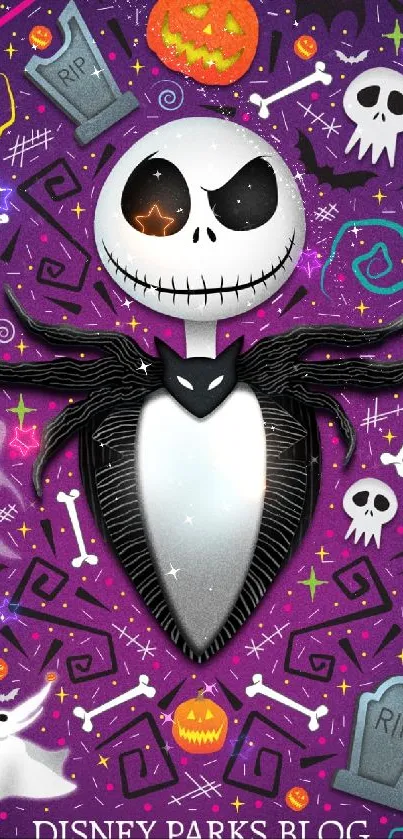 Vibrant purple Halloween wallpaper with spooky elements.