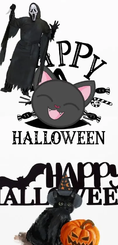 Halloween wallpaper with ghost, cats, and pumpkins in spooky theme.