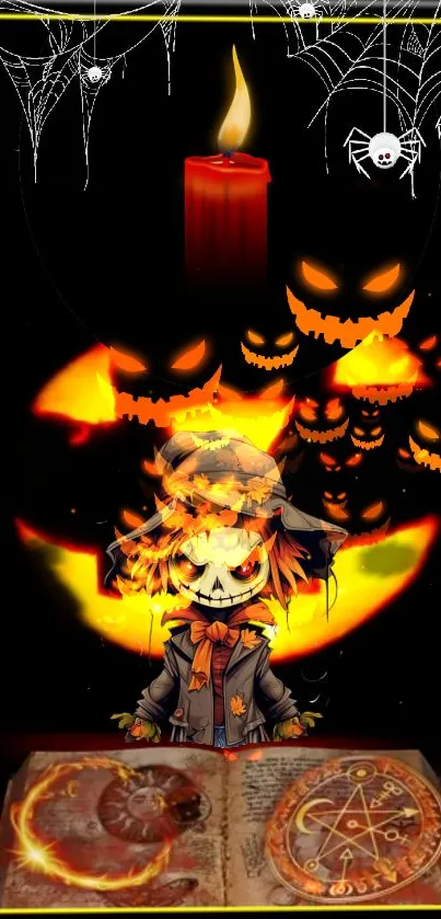 Halloween wallpaper with scarecrow and glowing pumpkins.