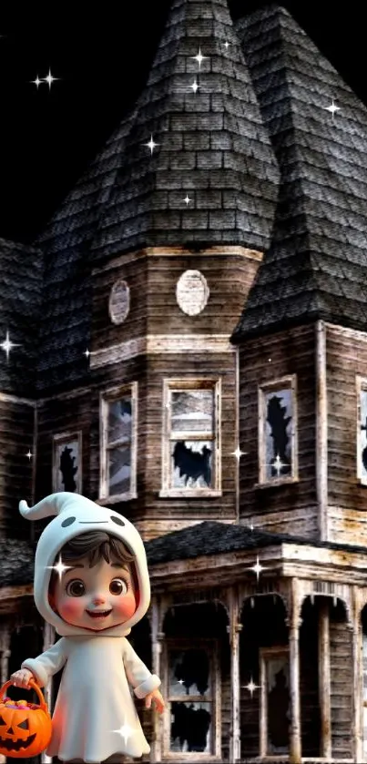 Cute ghost with pumpkin in front of a haunted house.