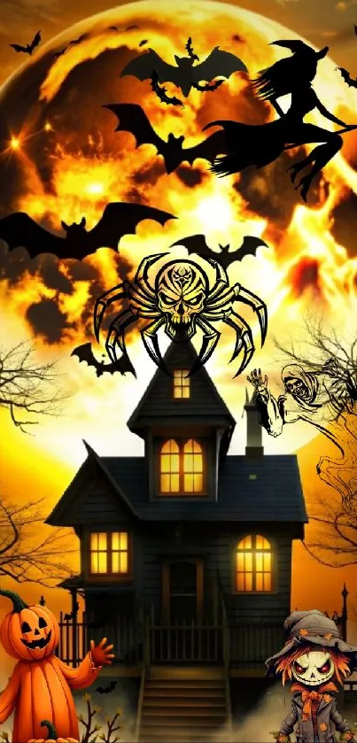 Spooky Halloween scene with haunted house and witch.