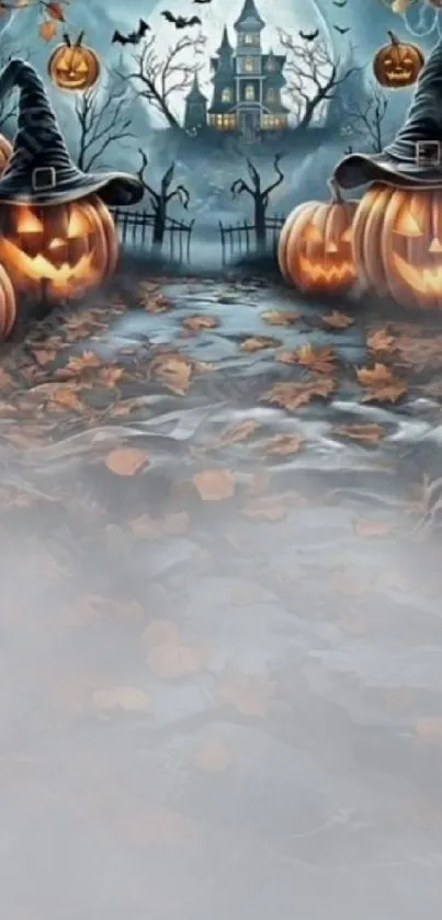 Haunting Halloween scene with pumpkins and a spooky house under moonlit sky.