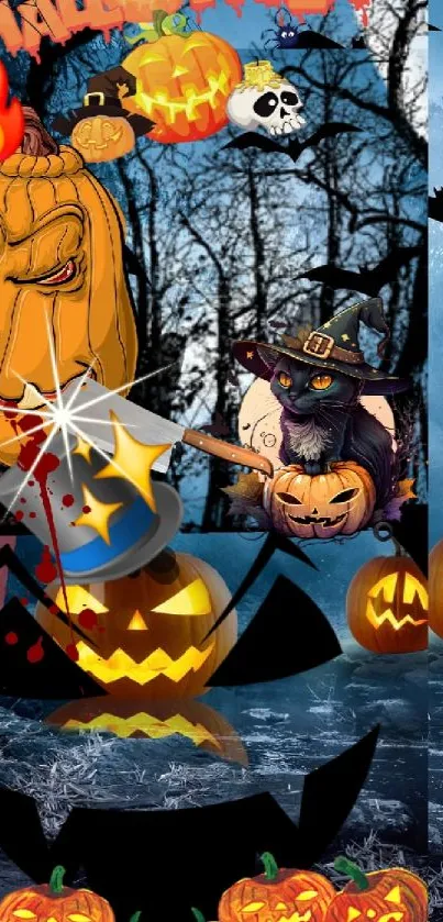 Halloween themed wallpaper with pumpkins and dark forest.