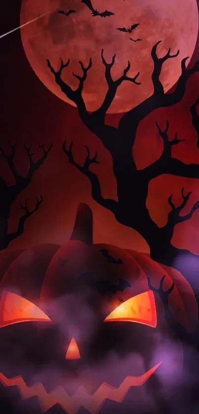 Spooky Halloween wallpaper with red moon and pumpkin.