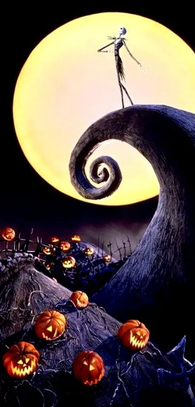 Spooky Halloween moon with Jack-o'-lanterns and twisted hilltop scene.