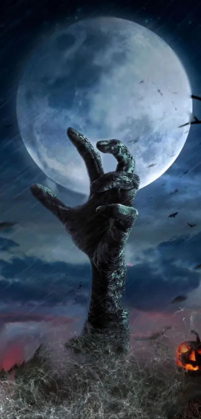 Eerie Halloween wallpaper with moon and spooky hand reaching up.