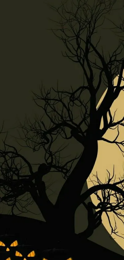 Spooky tree and moon Halloween wallpaper with jack-o'-lanterns.