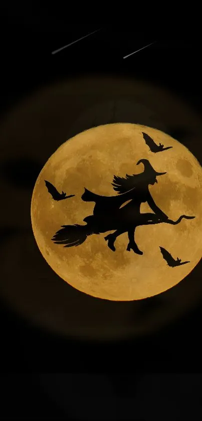 Halloween wallpaper with witch flying across a full moon and bats.