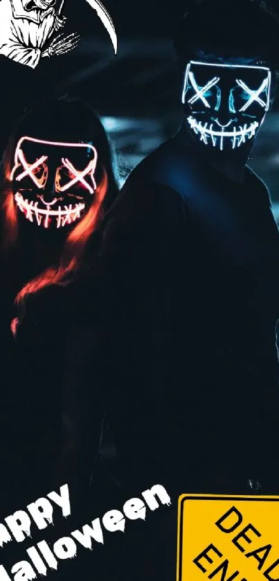 Halloween wallpaper with neon masks and spooky graphics.