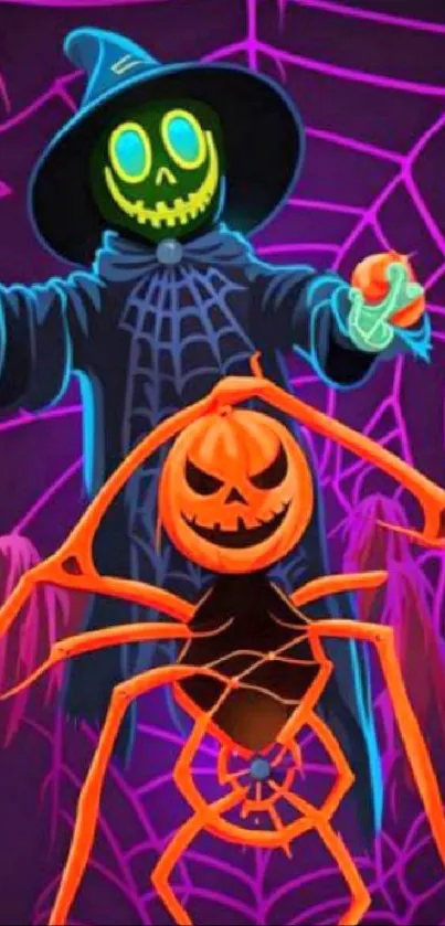 Neon Halloween wallpaper with a spooky pumpkin and spider design.