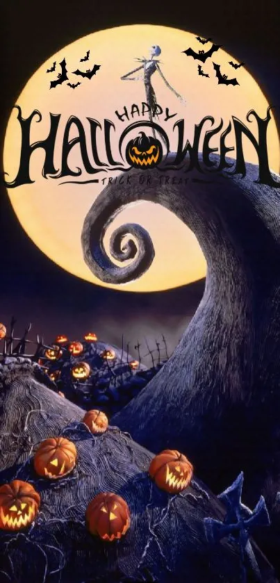 Jack Skellington stands atop a hill in a Halloween-themed night scene.