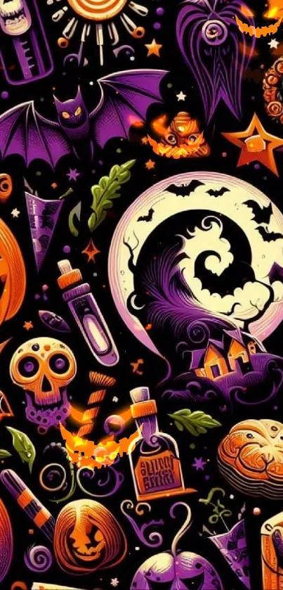 Colorful Halloween art featuring spooky elements.