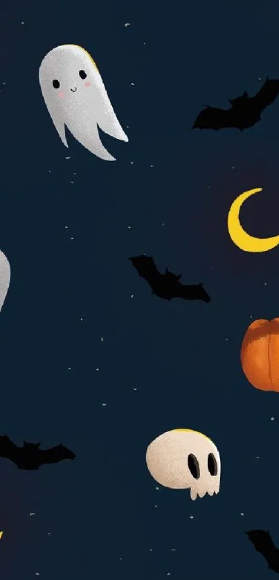 Halloween-themed wallpaper with ghosts, bats, and moons.