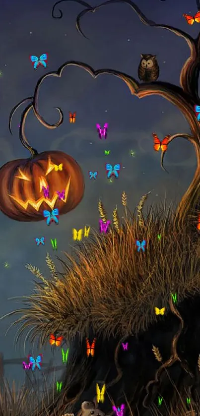 Halloween wallpaper with a jack-o'-lantern on a tree and an owl under a night sky.