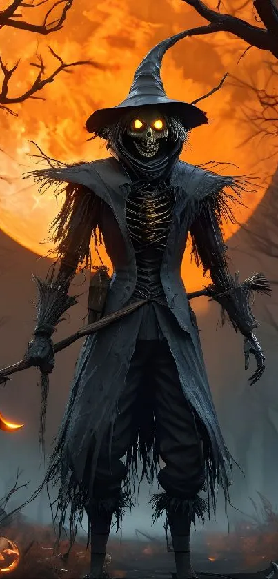 Spooky scarecrow under full moon wallpaper