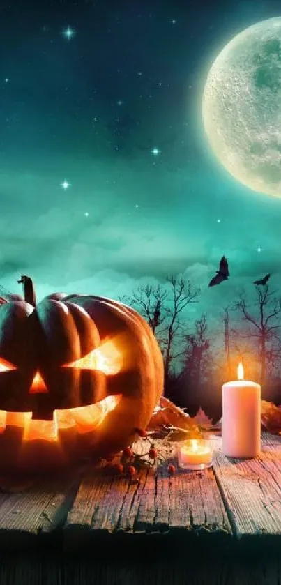 Spooky Halloween wallpaper with pumpkin, candles, and full moon in a forest.
