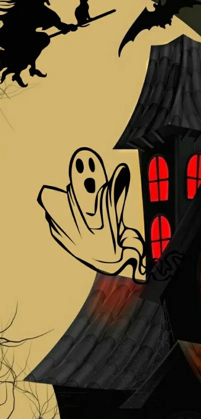 Spooky Halloween wallpaper with haunted house, ghost, and witch.