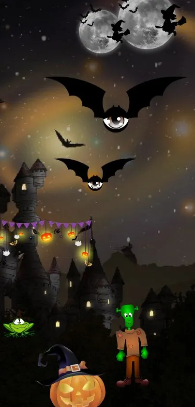 Spooky Halloween night wallpaper with castle and bats.