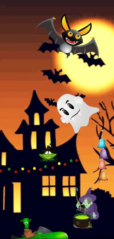 Halloween night wallpaper with ghosts, bats, and a haunted house under an orange moon.