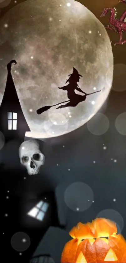 Spooky Halloween wallpaper with haunted house and flying witch.