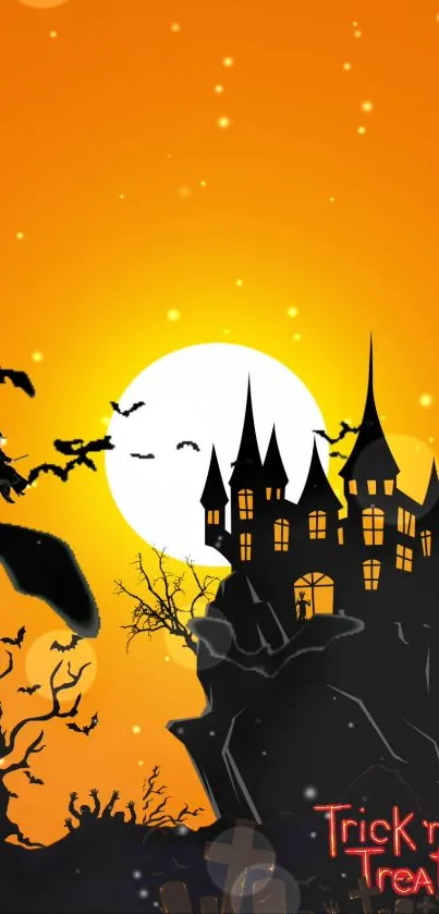 Spooky Halloween wallpaper with witch and castle.