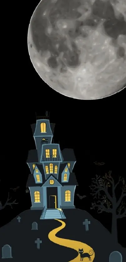 Spooky Halloween wallpaper with a haunted house and full moon.