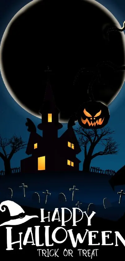 Spooky Halloween night wallpaper with haunted house and full moon.