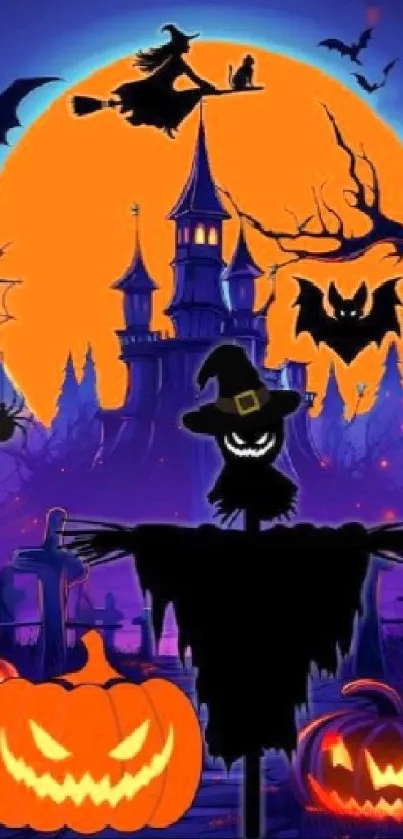 Spooky Halloween scene with witch and pumpkins in orange hue.