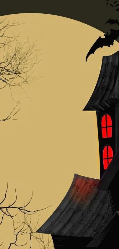 Spooky haunted house with red windows, bare trees, and bats against a full moon.